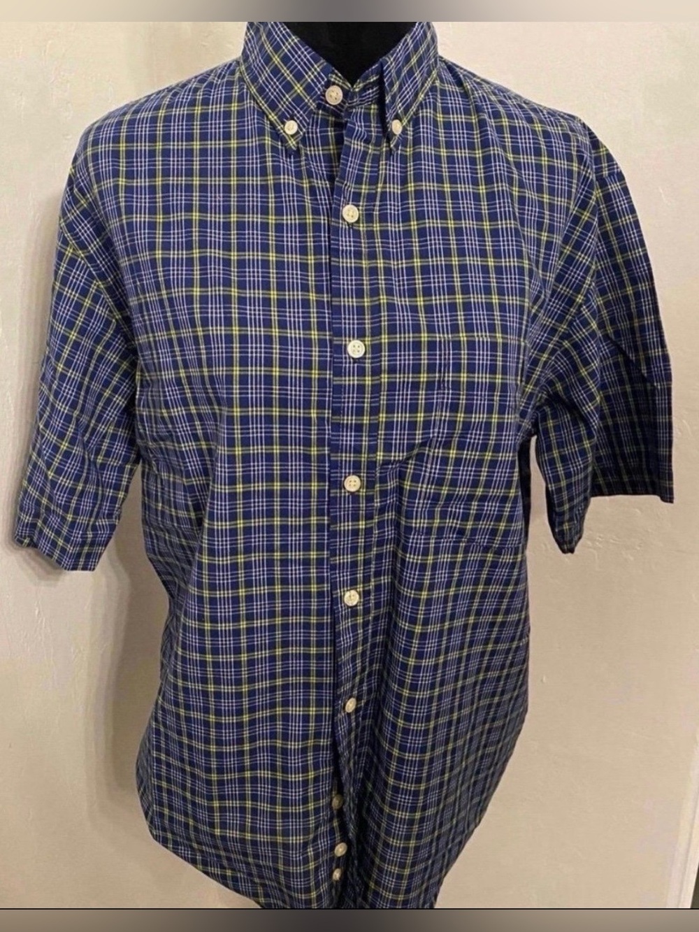 Men's Blue & Yellow Plaid Short-Sleeve Button-Down Shirt (Size S)